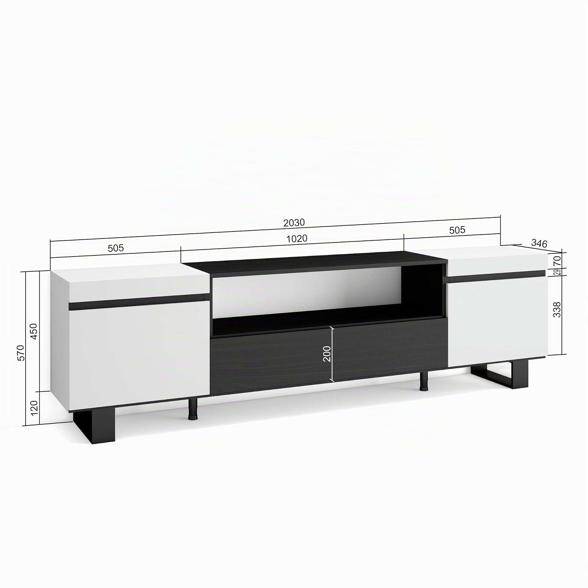 Skraut Home | Mueble TV | Televisión | Muebles de salón, almacenaje | 200x57x35cm | para TV hasta 80" | Diseño Industrial | Estilo Moderno | Blanco y Negro