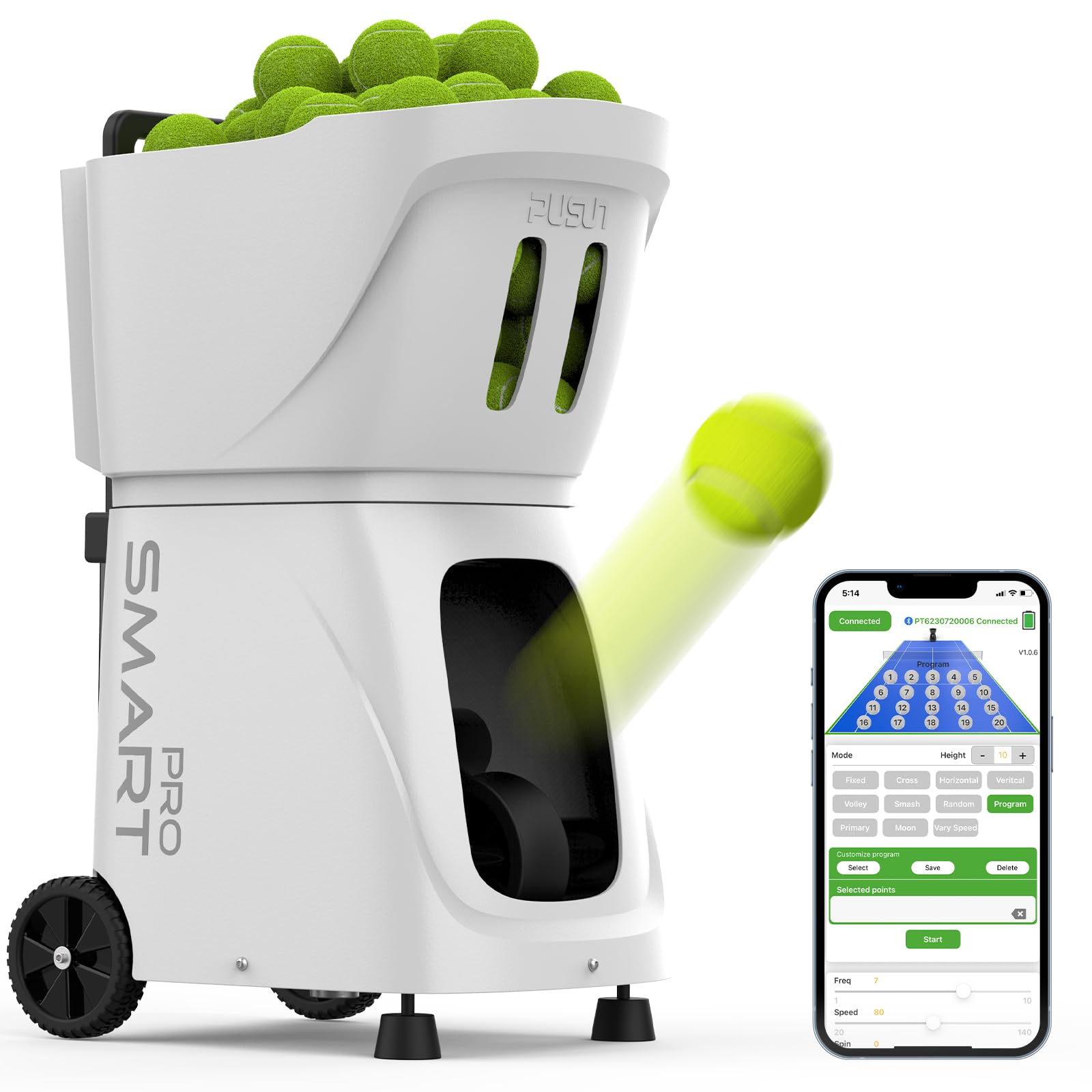 PUSUN PT-Smart Pro-Máquina Lanzapelotas de Tenis Profesional | Simulación de Rotación Interna | Control App Remoto | 20 Puntos 12 Modos de Entrenamiento |4-6 Horas de Batería