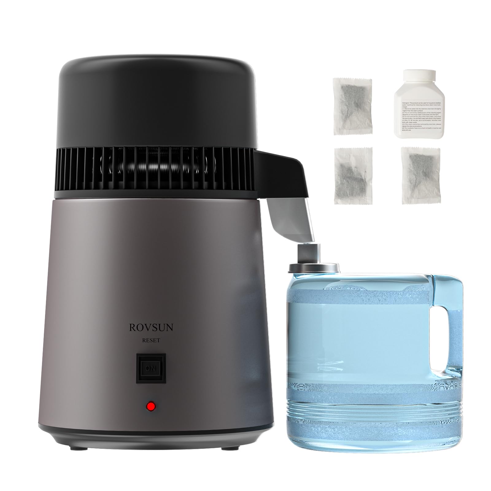 ROVSUN - Destilador de agua de 1.1 galón/4 litros, máquina de agua destilada con recipiente sin BPA, purificador de agua destilada con material ignífugo e interior de acero inoxidable, 750 W, negro