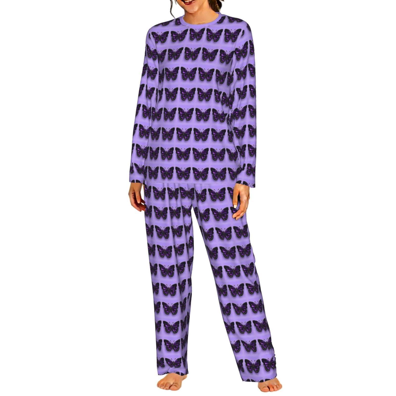 Dreamlike Viola Farfalla Stampa Donna Manica Lunga Pigiama Abbinamento Quotidiano Confortevole Loungewear Abiti Da Notte