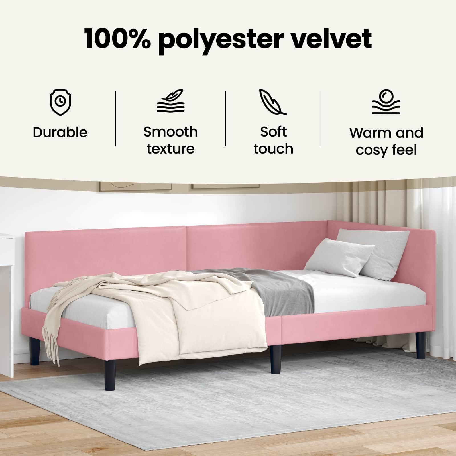 vidaXL Rama łóżka narożnego Z zagłówkiem Różowy 90 cm x 200 cm Aksamit