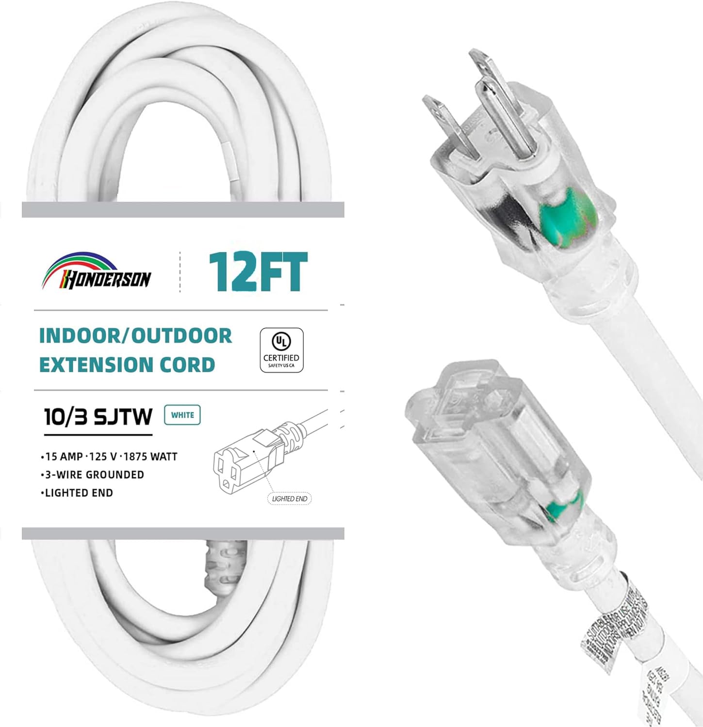 HONDERSON Indoor Outdoor Extension Cord Weatherproof with Lighted End, UL Listed, 10 Gauge 12FT White 3 Prong Heavy Duty, 10/3 SJTW 15A Power Cord for