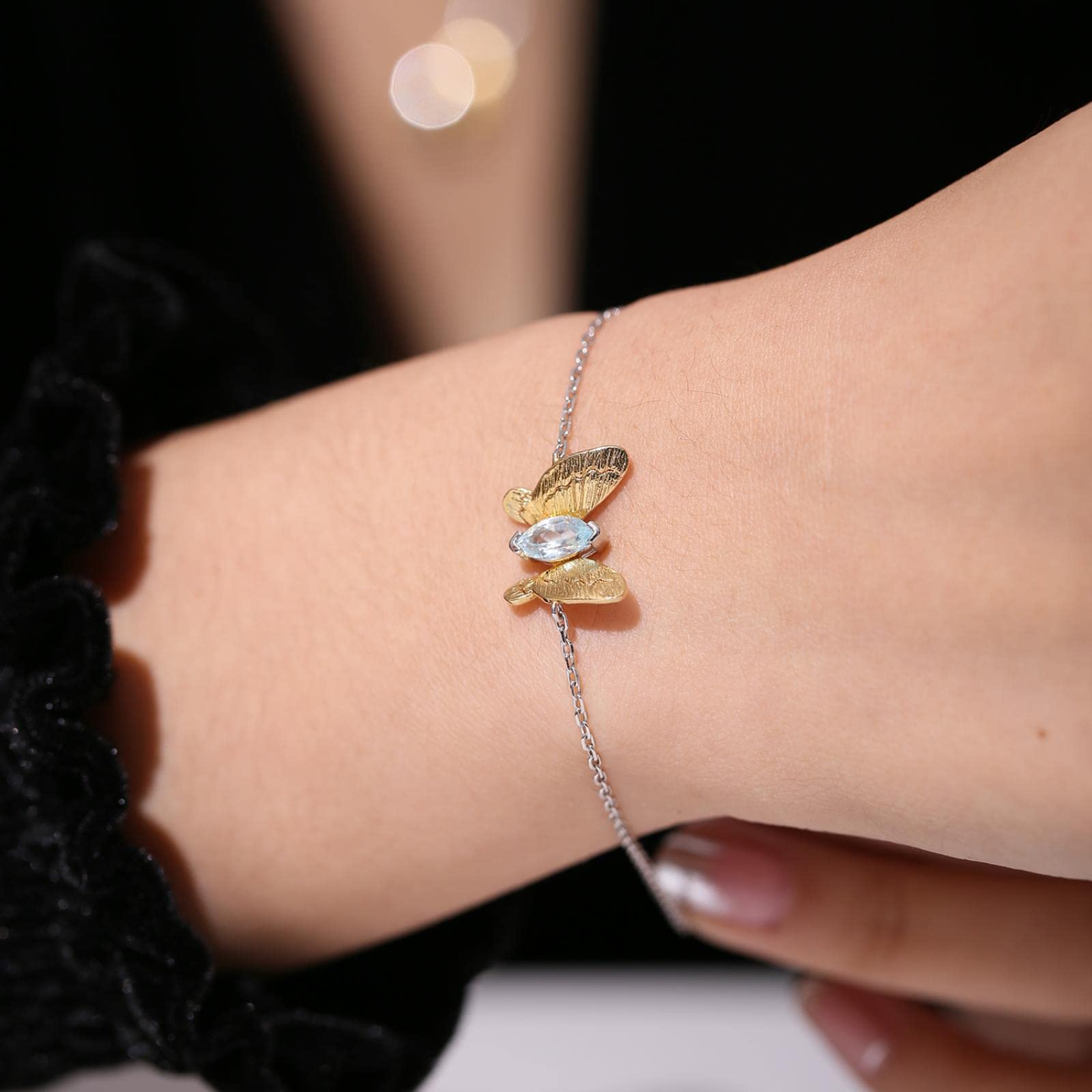 Gem Beauty Bracciale con ciondoli a Forma di Farfalla in Argento Sterling 925 Naturale Bracciale con Topazio Azzurro Naturale per Gioielli da Donna Summer Beach Gift