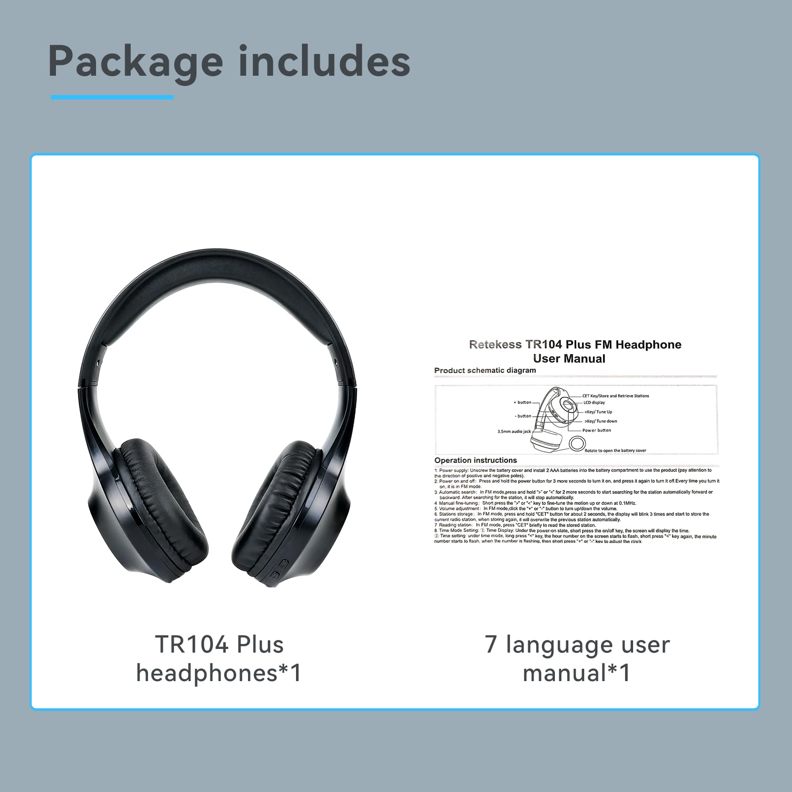 Retekess TR104P Cuffie Radio FM, Pieghevole Cuffie Over Ear, Ricevitore FM, Supporto Ingresso AUX Alimentato a Batteria,Adatto per Studenti che Studiano e si Esercitano