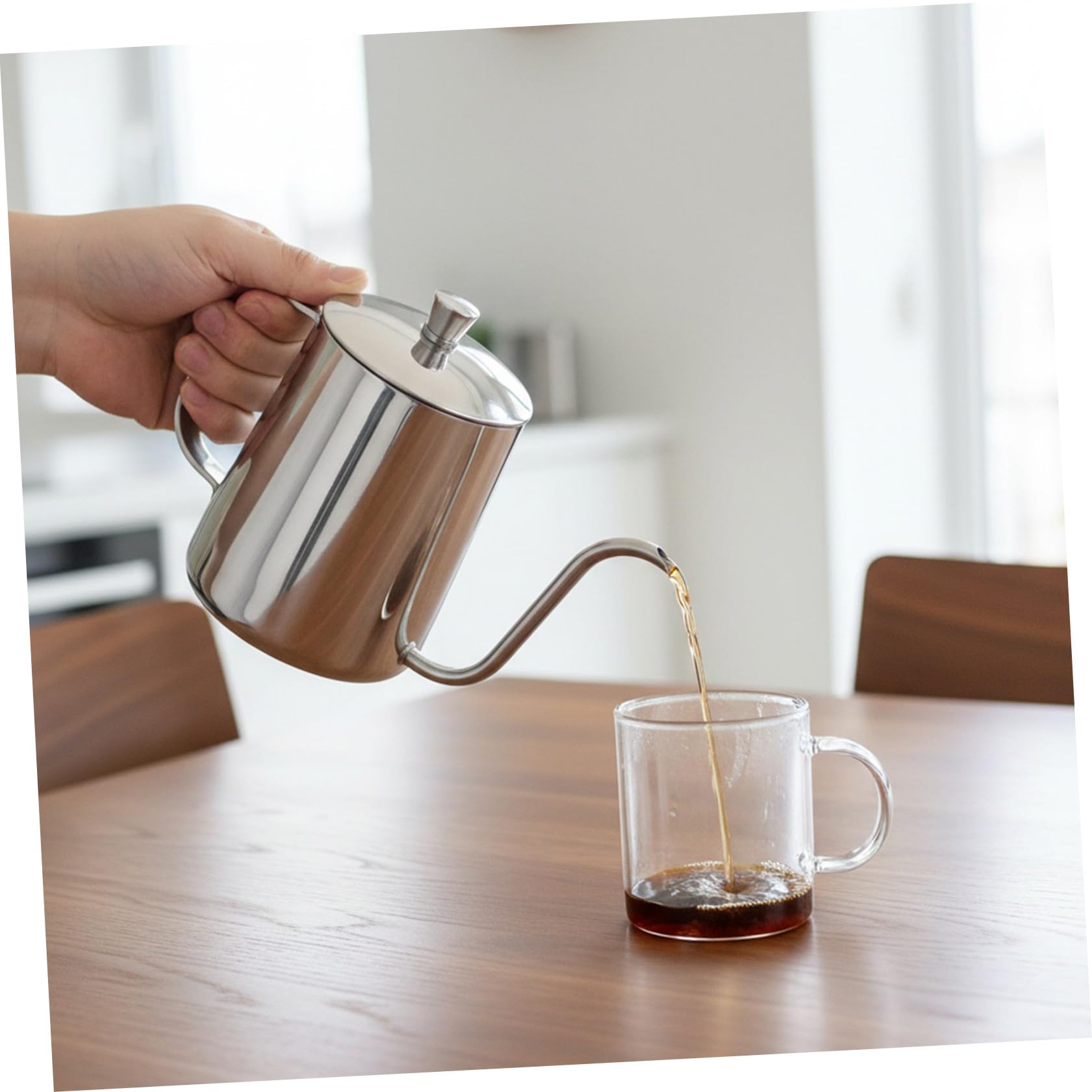 OUNONA Handtropfkessel aus Edelstahl 600ml mit Langem Ausguss und Deckel Silberner Schwanenhals Wasserkocher für Kaffee und Teeliebhaber im Büro Stabiler Wasserfluss Einfache