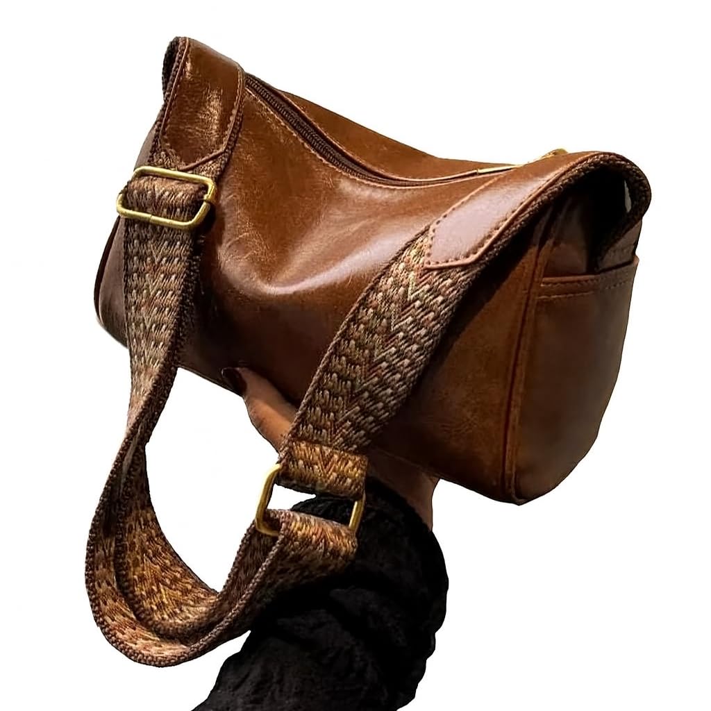 Brown Leather Shoulder Bag, Hobo Style, Woven Strap, Gold Hardware, Zipper Closure-image-27