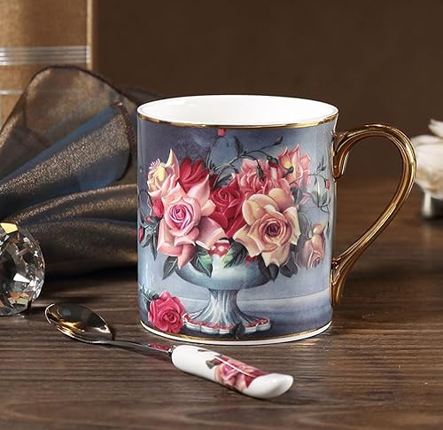 Miniatura 6 de Taza de té de porcelana de porcelana de hueso, taza de café de 12 onzas para el hogar, cocina, oficina, patrón de rosa vintage (gris)