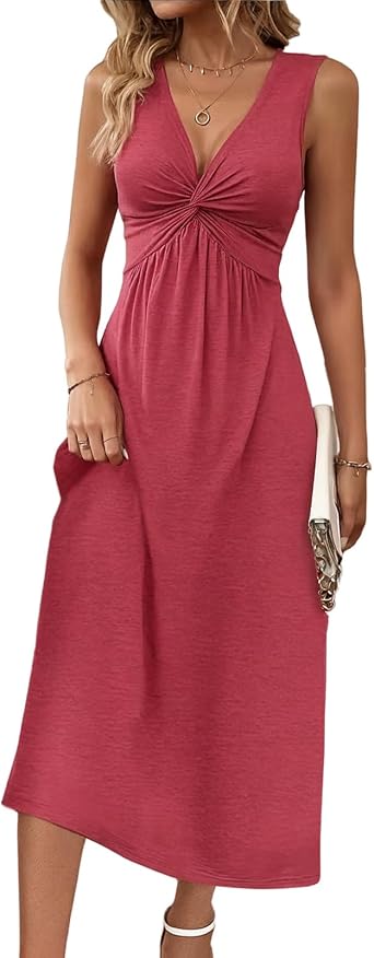 Smoneyful V Neck Dress for Women Front Knotted Twist Ruched High Waist Solid Casual A Line Midi Dress for Beach Vacation