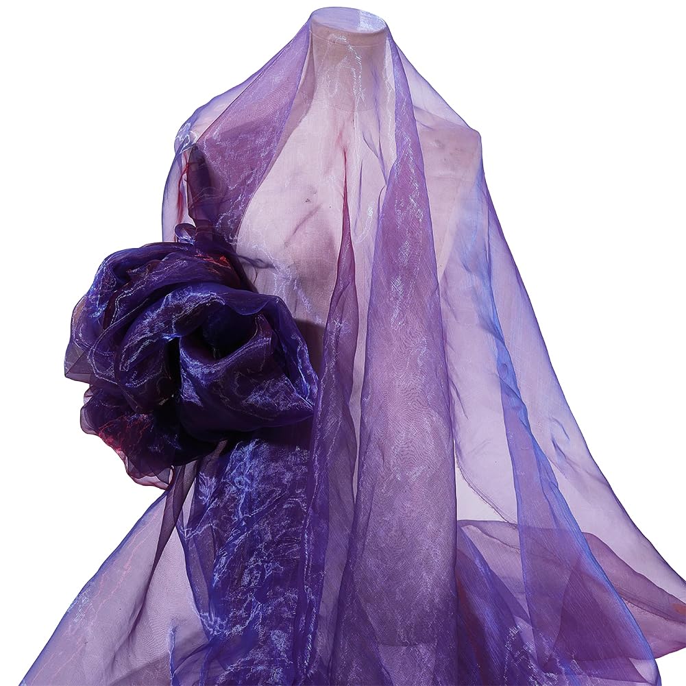 WEBEEDY 5m Tissu en Organza Transparent Bicolore de Par Yard Matériau en Polyester de 150cm de Large pour la Mode DIY Mariage Artisanat et Décoration de Fête Bleu avec une de Rouge