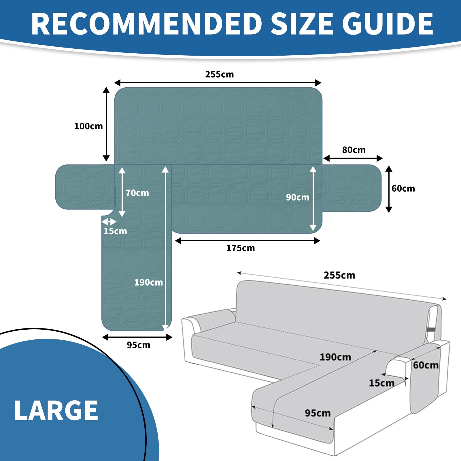 Ystyle Copridivano Impermeabile con Penisola 3 Posti (L 255 CM), Copridivano Angolare Destra/Sinistra Universale Reversibile, Copridivano Chaise longue Antigraffio Antimacchia, Blu Acqua Chiara