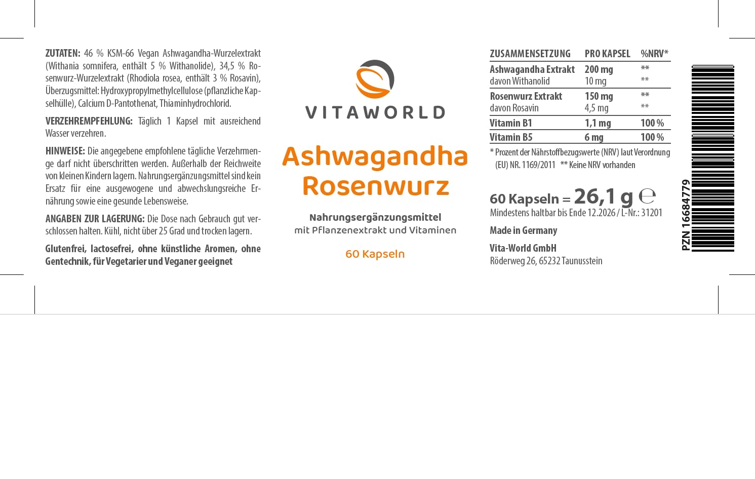 3er Pack Vita World Ashwagandha Rosenwurz Komplex 3 x 60 VEGAN/VEGETARISCH Kapseln Apotheker-Herstellung