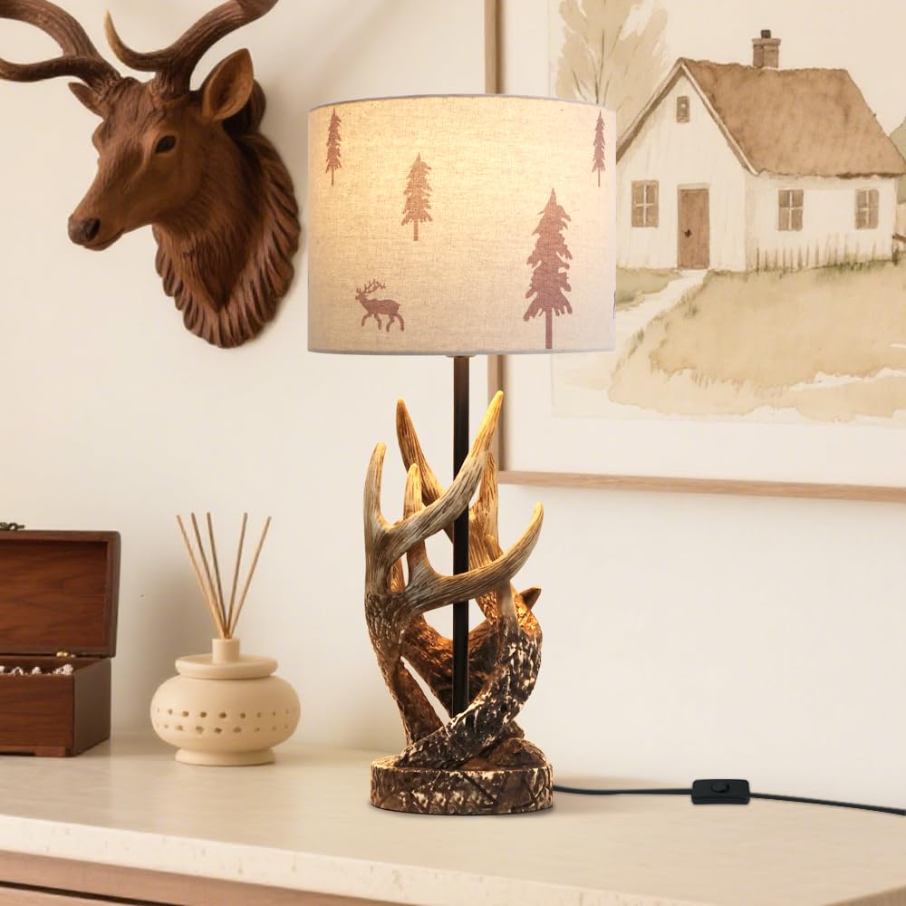 Lampada da Comodino Resina,Lampada da Scrivania vintage Rustico Stile,Cervo e Forestale Disegni Paralume in Tessuto di Lino,Base Forma di Corno Cervo Imitato,Luce da Tavolo Soggiorno Camera Da Letto
