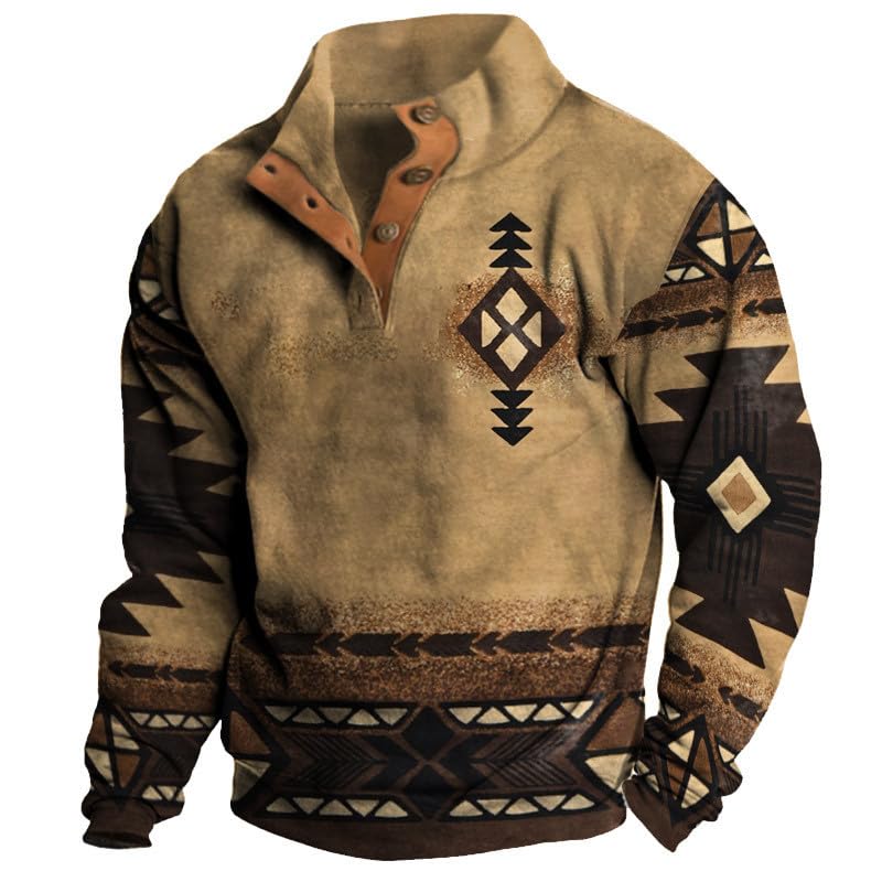 ZOCANIA Cowboy Sweatshirt for Men Western 1/4 Button Aztec Pullover Plus Size Tribal Pattern V Neck Long Sleeve Country Shirts Retro Streetwear Aztec B4 Large