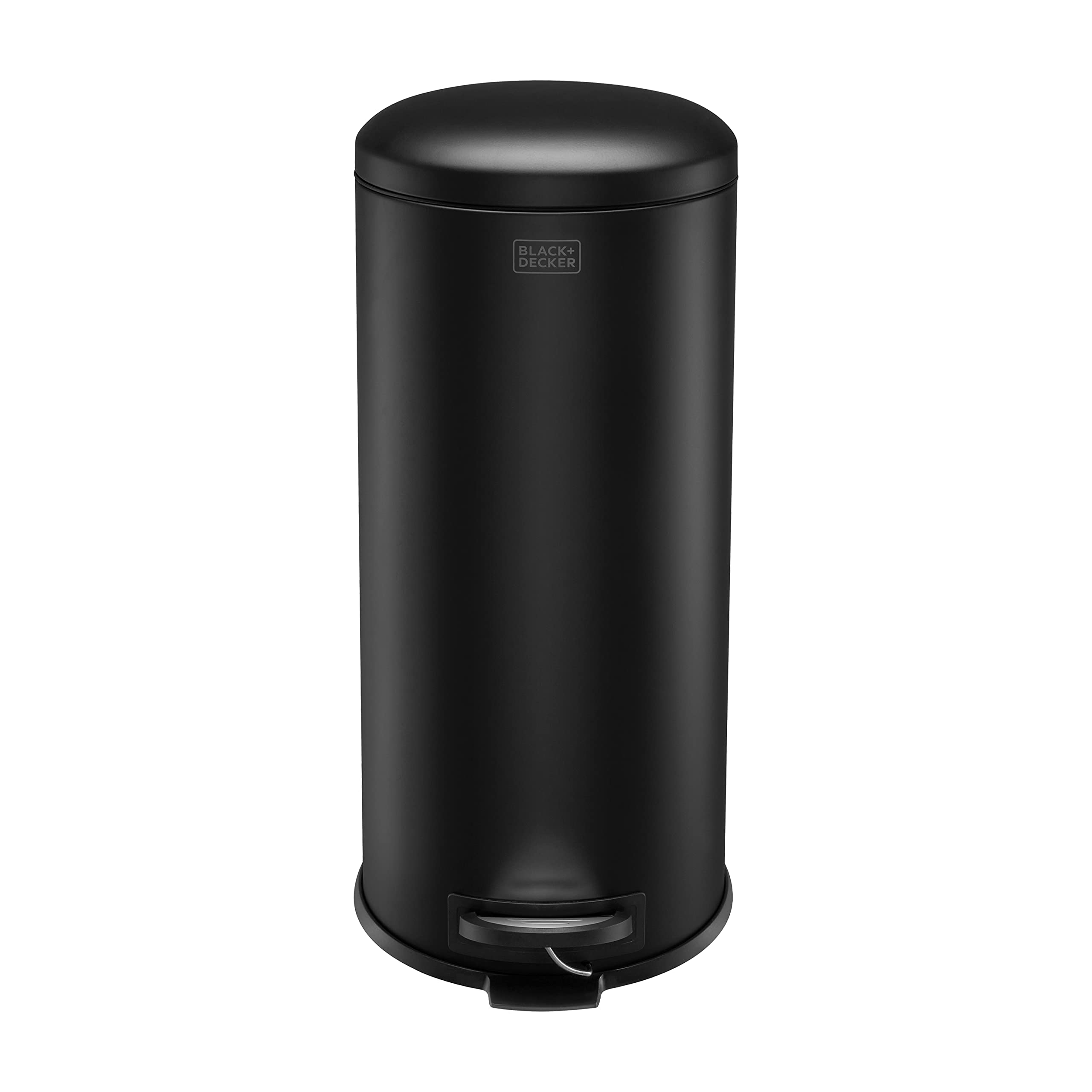 BLACK+DECKER Tretmülleimer 30L Matt Schwarz Slimline | Gewölbter Deckel | Sanft Schließender | Herausnehmbarer Inneneimer mit Tragegriff | Fingerabdruckfrei | Fußpedal
