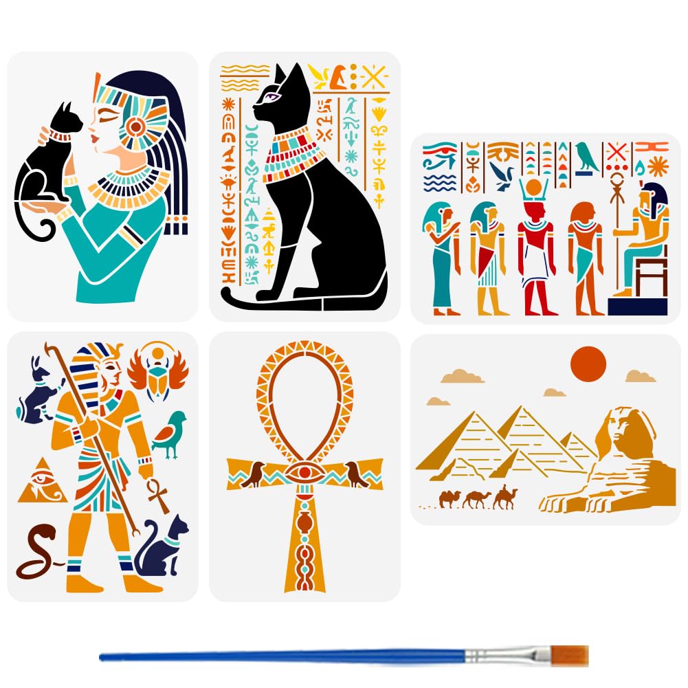 FINGERINSPIRE 6PCS Egyptian People Stencils for Painting with Brush 21x29.7cm Reusable Architecture Ankh Template Hollowed Egyptian Symbols Pattern Stencil Plastic PET Egypt Theme Template