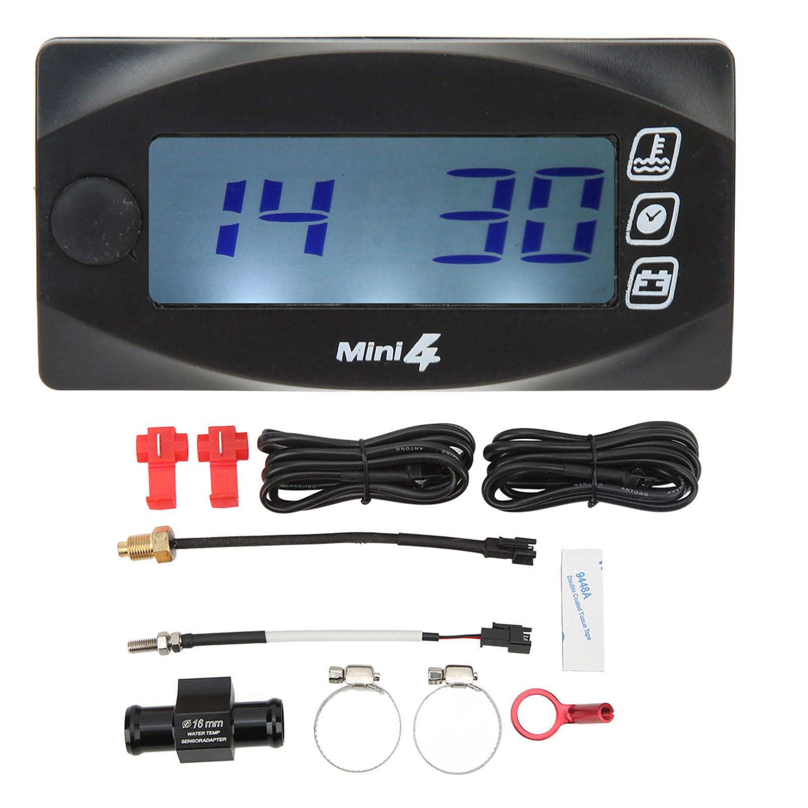 Misuratore di Temperatura e Tensione per Moto, Voltmetro Digitale con Display LCD Digitale a Forte luminosità 4 in 1 per Moto (16MM)