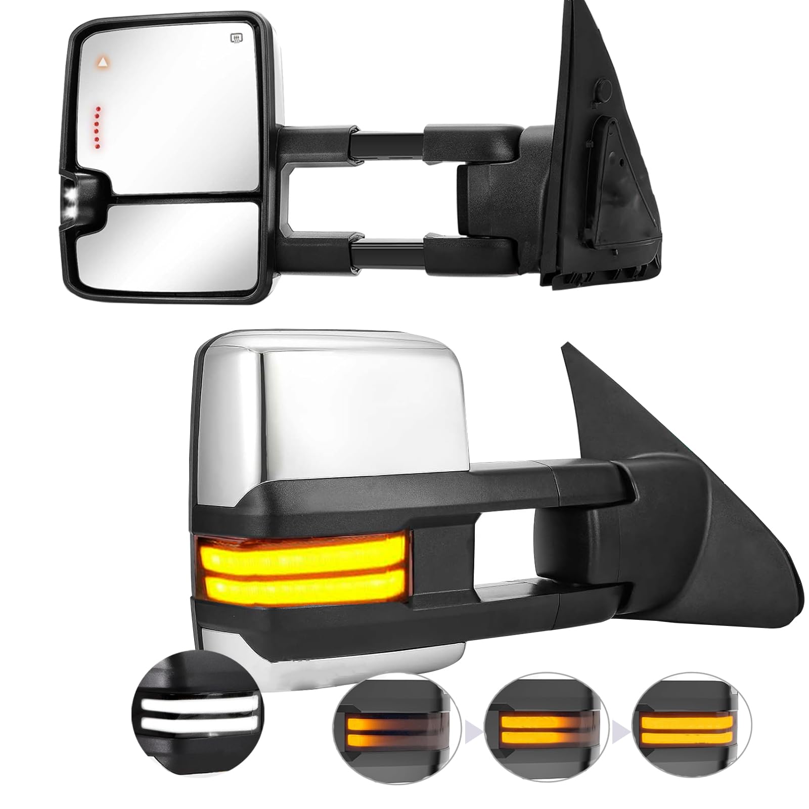 Towing Mirrors for 2007-2021 Tundra & 2008-2017 Toyota Sequoia Heated Power Glass Running Light (Chrome + Blind Spot)