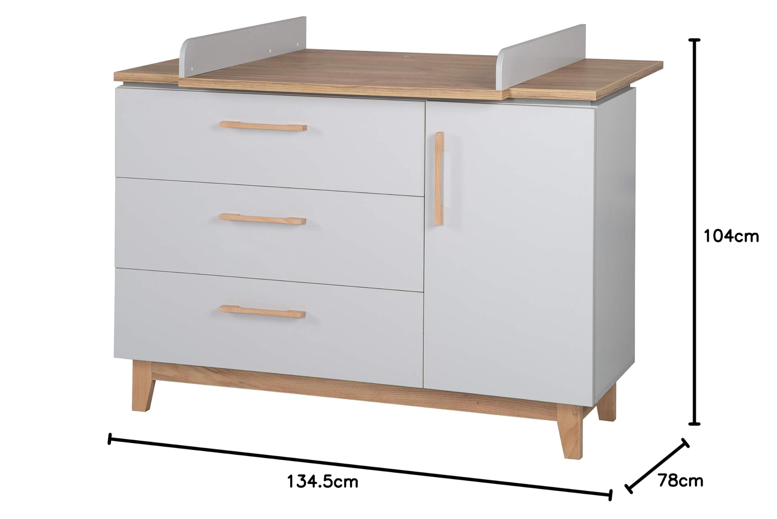 roba Fasciatoio con Cassettiera "Caro", con Sistema Soft-Close, 1 Vano con Anta, 3 Cassetti, 104 x 135 cm, Grigio/Legno Naturale