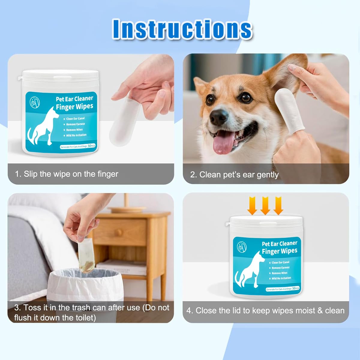 50 Pcs Ear Cleaner Finger Wipes, Dog Ear Finger Wipes, Ear Finger Wipes for Dogs Cats - Image 4