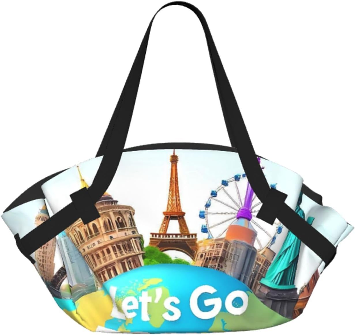 Let'S Go Travel Around The World Pattern Foldable Camping Tote Bag Picnic Blanket Bag Portable Beach Mat Tote Waterproof Outdoor Picnic Mat Carry Bag