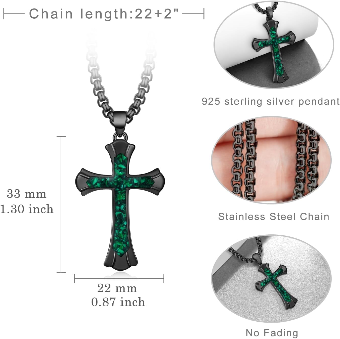 Black Cross Necklace 925 Sterling Silver Malachite Cross Pendant Necklace Jewelry Gifts for Men Women - Image 4