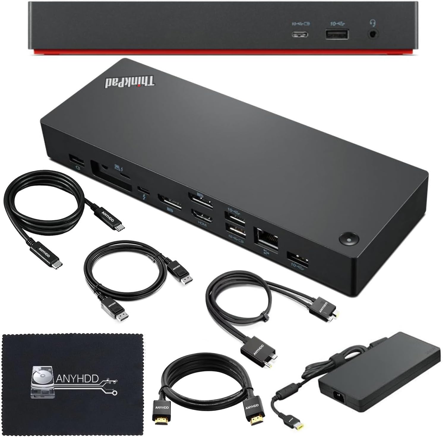 40B00300US Lenovo Docking Station USB C Bundle - 1 Year Warranty, Supports 4K Display, Thunderbolt 4 Dock with 300W Adapter, Anyhdd HDMI, DisplayPort, Thunderbolt Cables & Cloth
