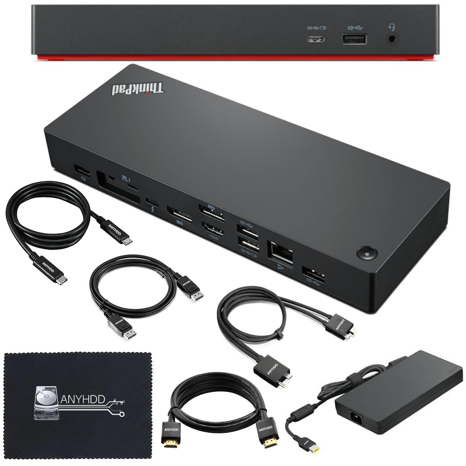 40B00300US Lenovo Docking Station USB C Bundle - 1 Year Warranty, Supports 4K Display, Thunderbolt 4 Dock with 300W Adapter, Anyhdd HDMI, DisplayPort, Thunderbolt Cables & Cloth