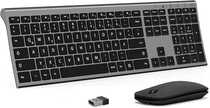 seenda KS15F 2.4G Juego de teclado inalámbrico ultraplano y ratón recargable de aluminio, teclado inalámbrico alemán QWERTZ fino para Windows/PC, ordenador, ordenador portátil (gris y negro)