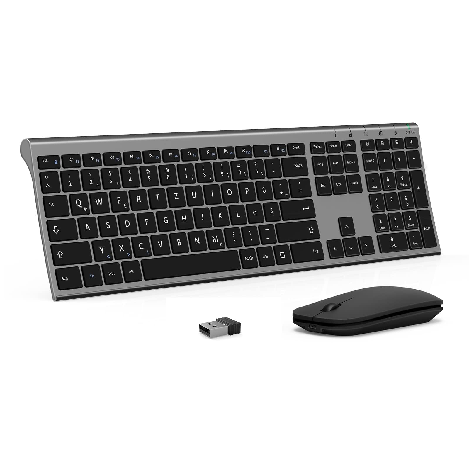 Kabelloses Tastatur Maus Set, seenda KS15F 2.4G Ultraflach Wireless Tastatur und Maus Aufladbar aus Aluminium, Deutsch QWERTZ Funktastatur Dünn für Windows/PC, Computer, Laptop(Grau und Schwarz)