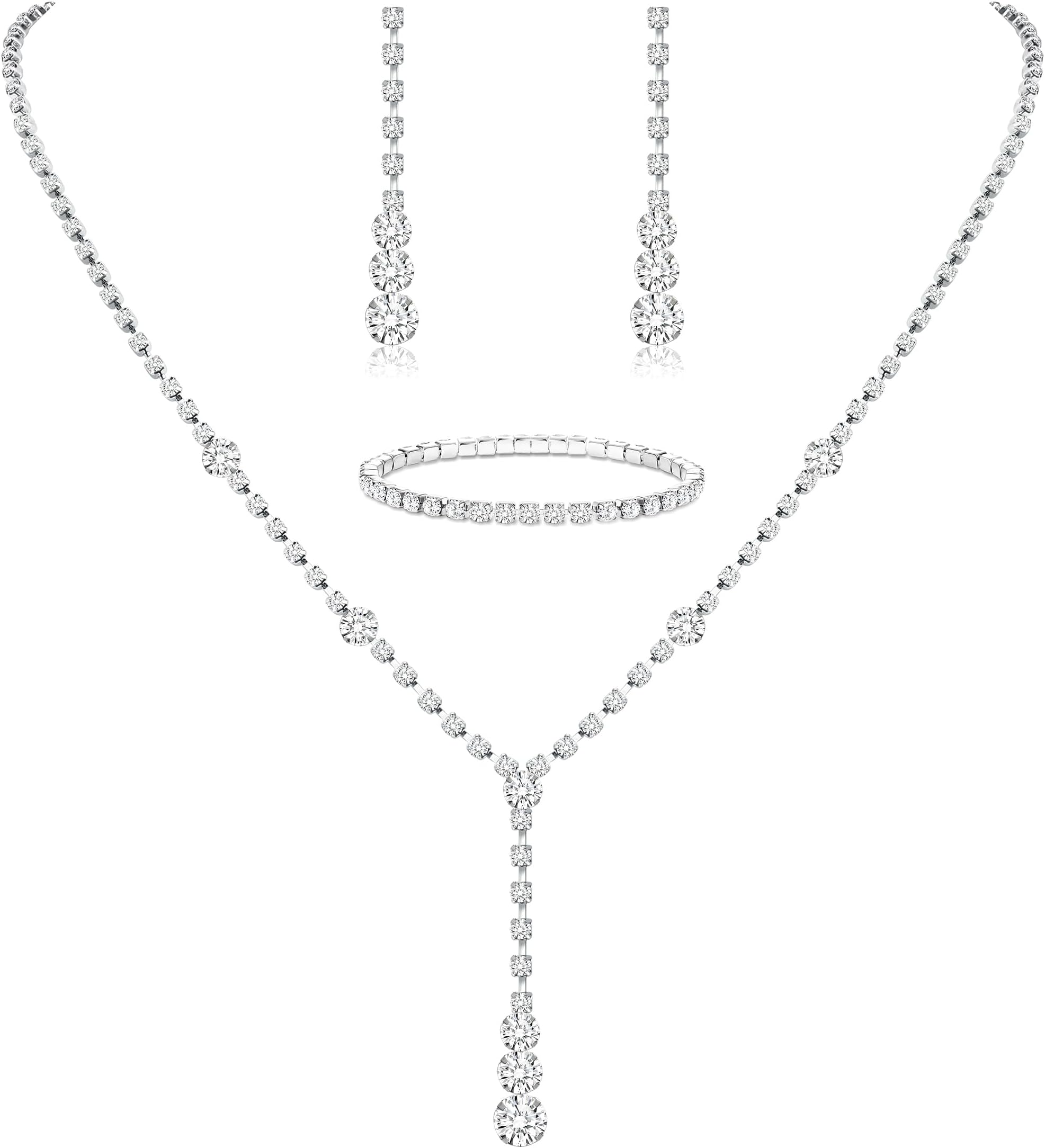 Jstyle Silver Plated Jewelry Set for Women Rhinestone Crystal Necklace Drop Earrings Link Bangle Bracelet Bridal Wedding Jewelry Sets for Brides Bridesmaid Prom Costume Accessories