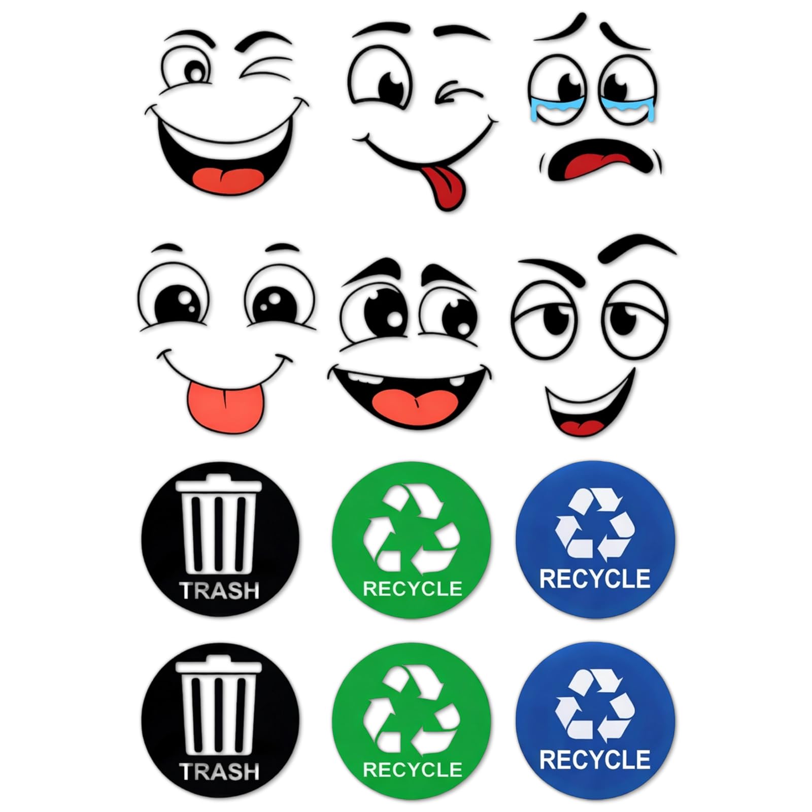 Tniytru 12 Pcs Wheelie Bin Stickers, Funny Recycling Stickers for Bins Cute Style Eyes and Mouth DIY Self-Adhesive Cartoon Expressions for Decorative Wall, Trash Cans Indoor Outdoor