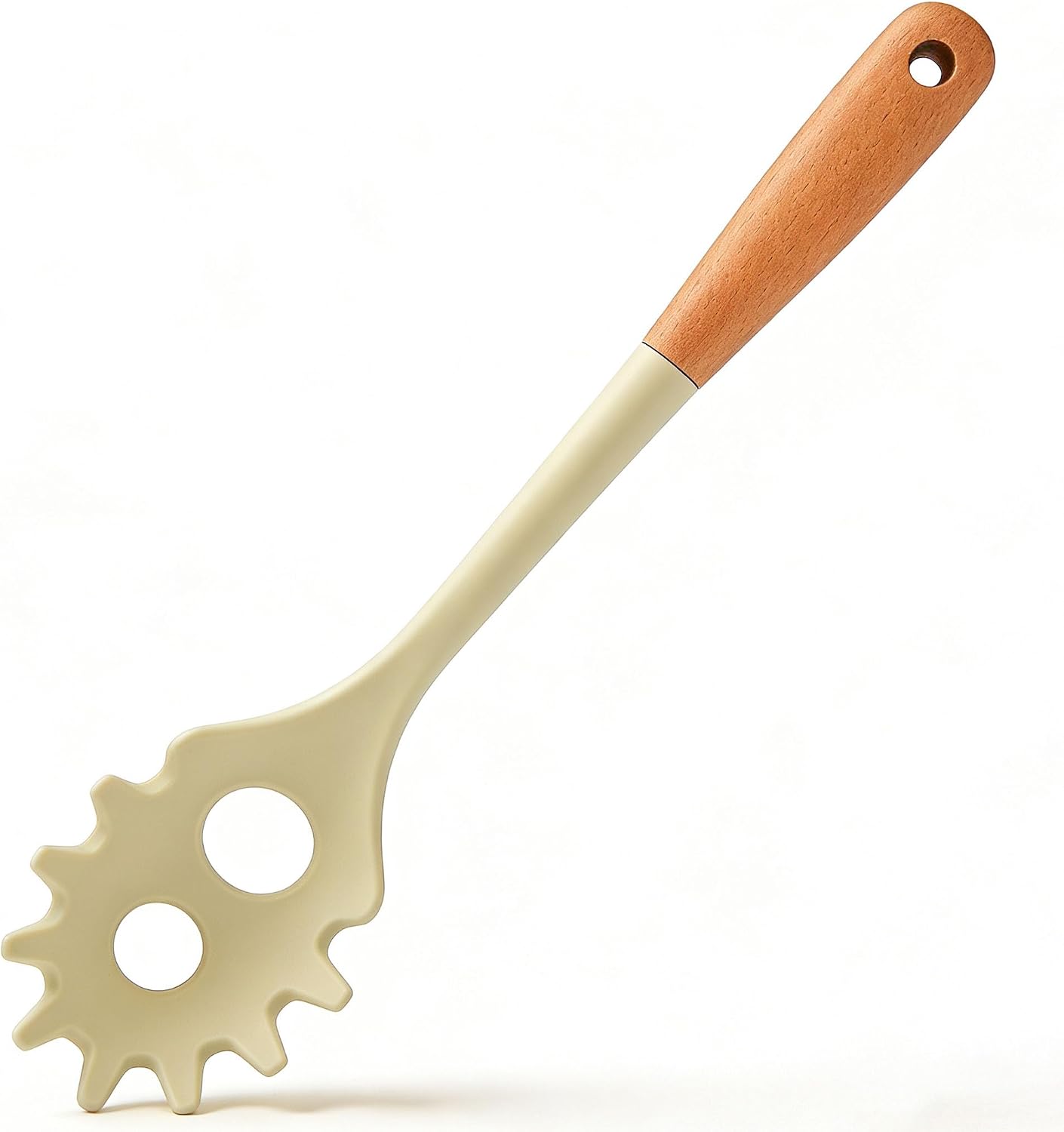Silicone Pasta Spoon for Spaghetti & Noodles, Wooden Handle, Drain Holes