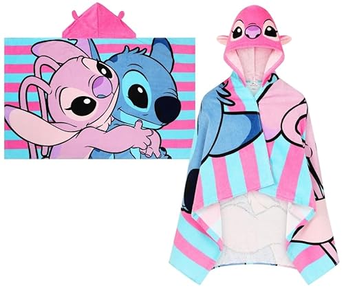 Disney Lilo and Stitch - Toalla con capucha para niños, poncho de punto y ángel, toalla de baño grande para niños