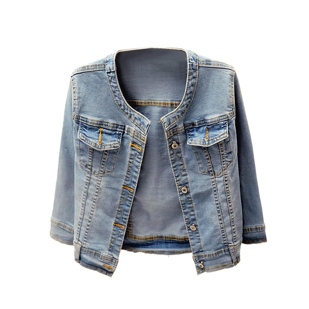 Denim Jackets Trendy XU Washed Three Quarter Sleeve Stretch