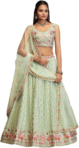 JIHU CULUTURE Pista green thread embroidery georgette Semi-Stitched lehenga choli with dupatta For Women