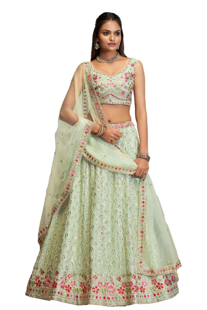 JIHU CULUTURE Pista green thread embroidery georgette Semi-Stitched lehenga choli with dupatta For Women - Review, Price and Buying Guide