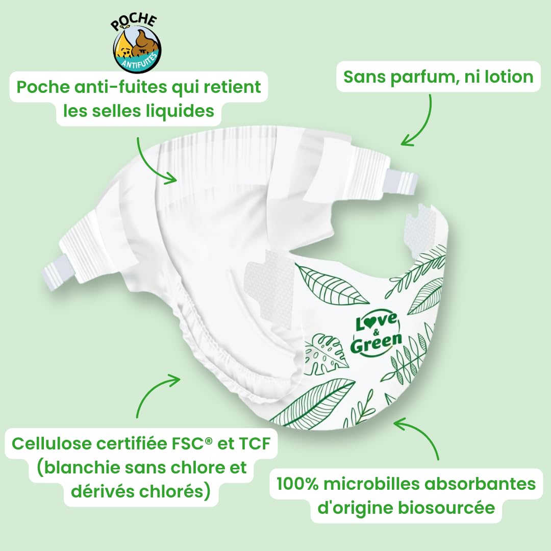 Love & Green Couches Bébé Taille 2 (3-6 kg) 36 couches Absorbante anti-fuites