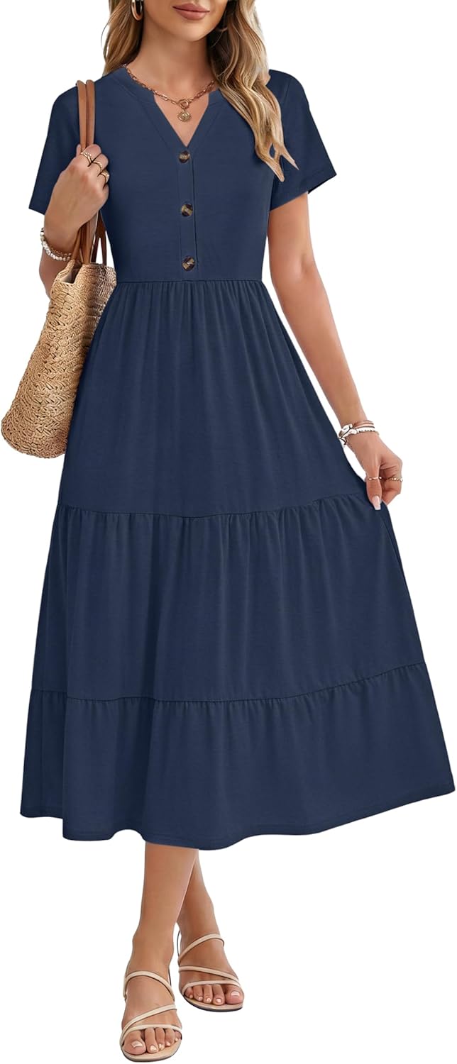 MOLERANI Womens Summer Dresses 2026 Casual Midi Short Sleeve Sundress V Neck Beach Vacation Button Tiered Dress with Pockets