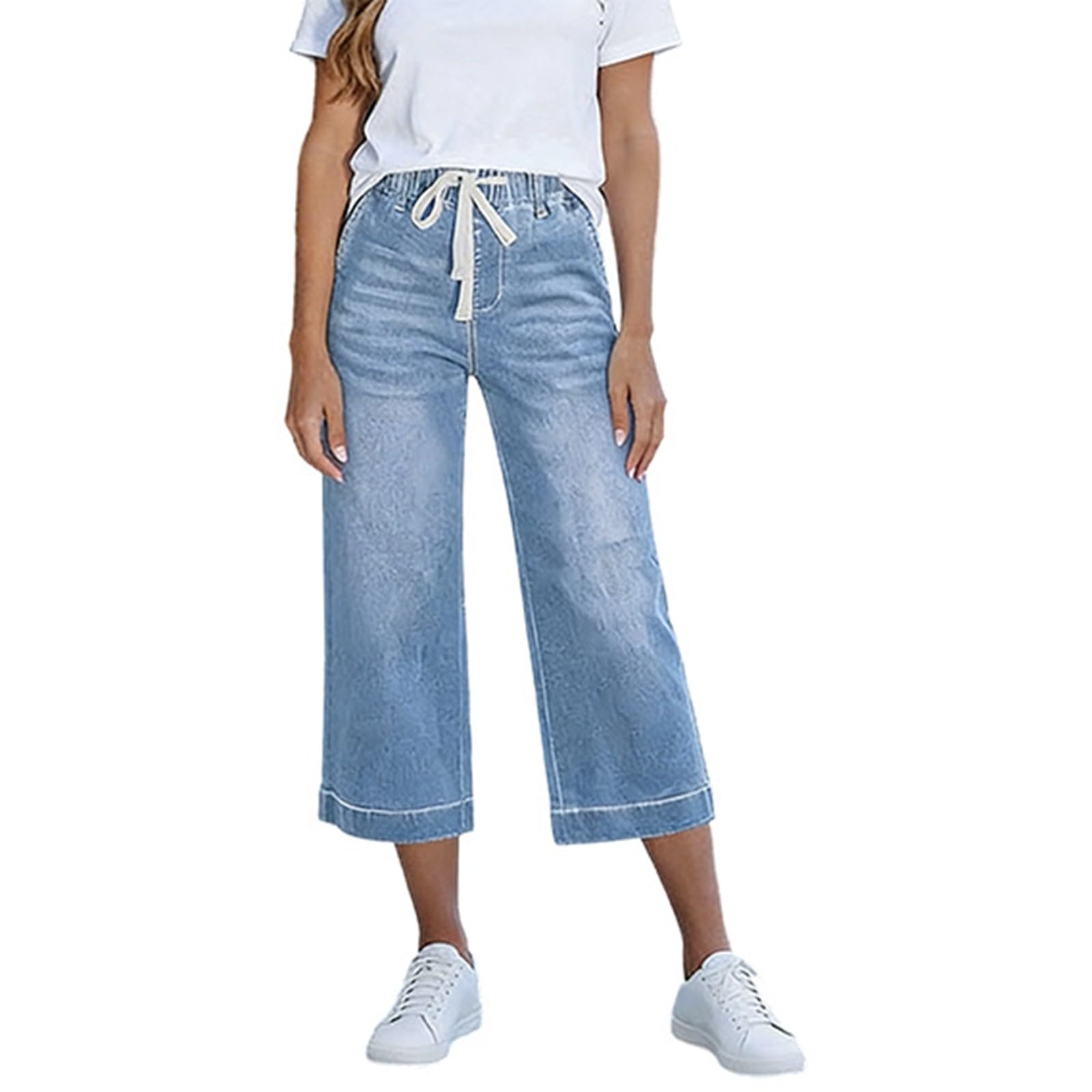 Jean Capri Femme Pantacourt Été à Jambe Large avec Poches et Cordon de Serrage Taille Haute Jeans 3/4 Jeans Denim Jorts Y2K Vintage Ample et Décontracté Pantalon Taille Elastique Jeans Baggy Femme
