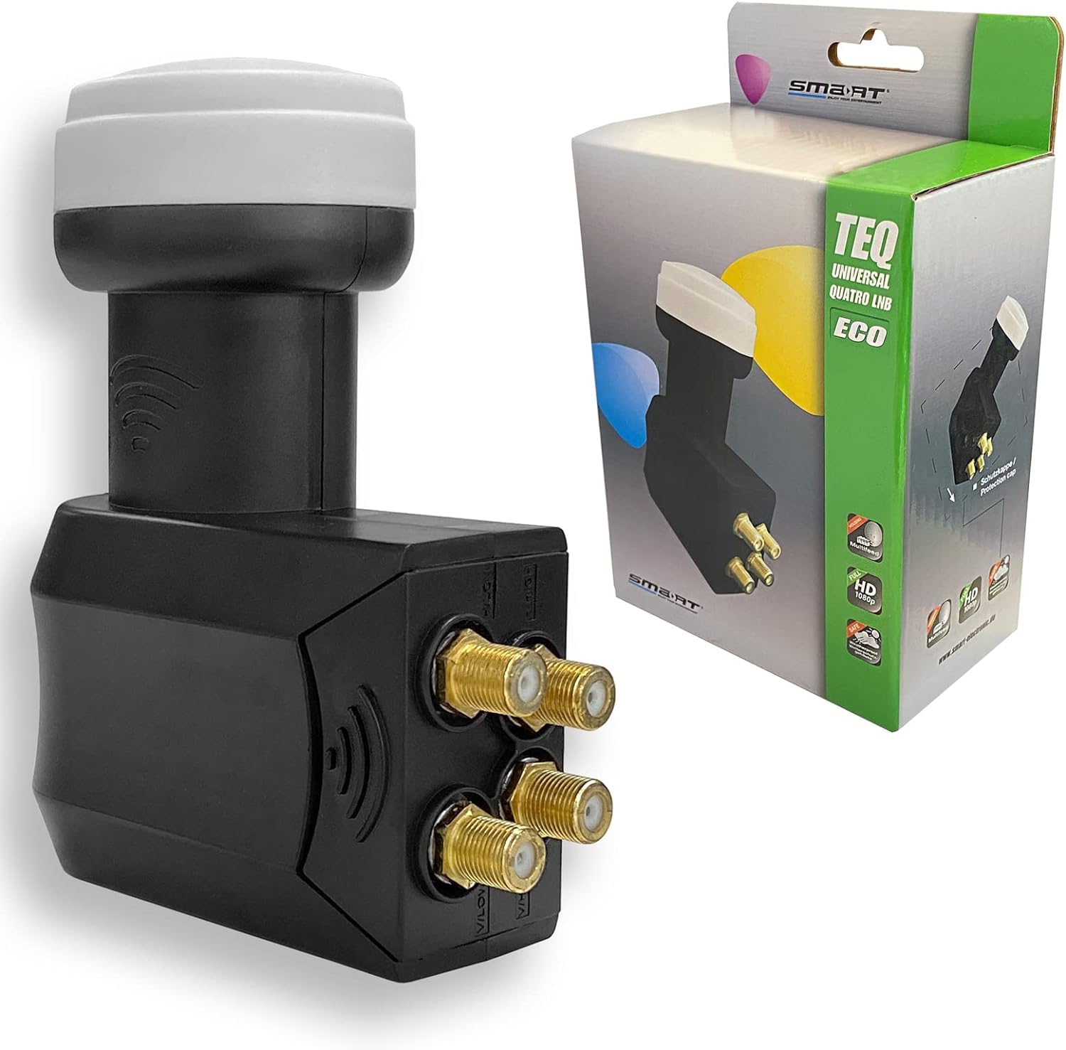 Quattro LNB di alta qualità + commutatore pmse 9/16 HB-DIGITAL 2 X SAT fino a 16 X partecipanti/ricevitore per Full HDTV 3D 4K UHD con alimentatore di rete + 40 connettori F dorati inclusi