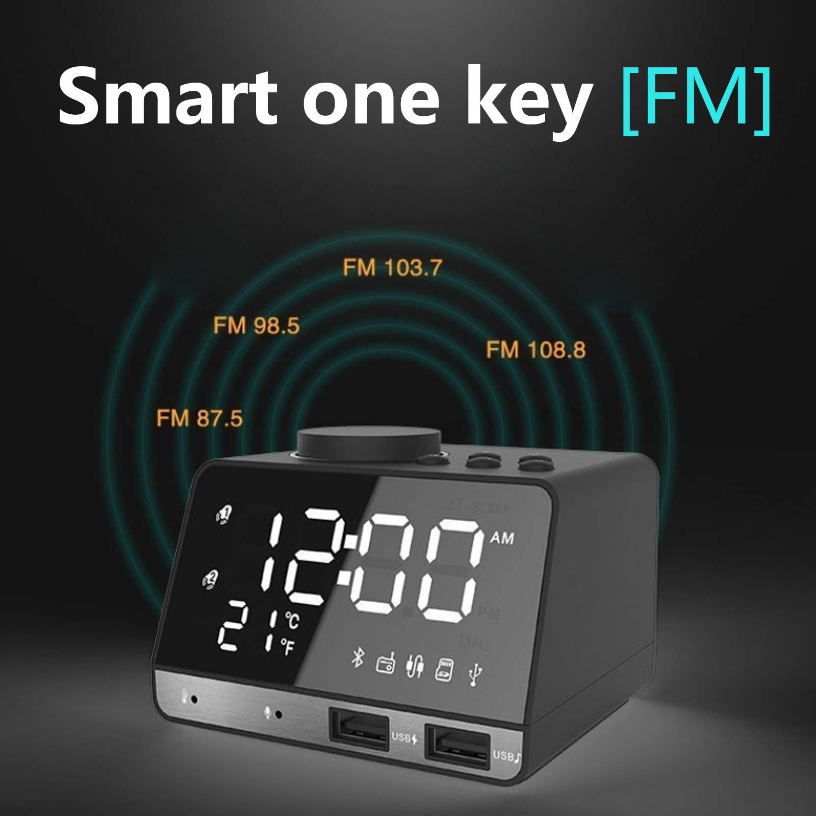 Réveil subwoofer avec chargement sans fil, horloges numériques pour la maison, haut-parleur Bluetooth avec port USB, double alarme, 3 luminosités réglables, lecteur, grand écran LED miroir pour