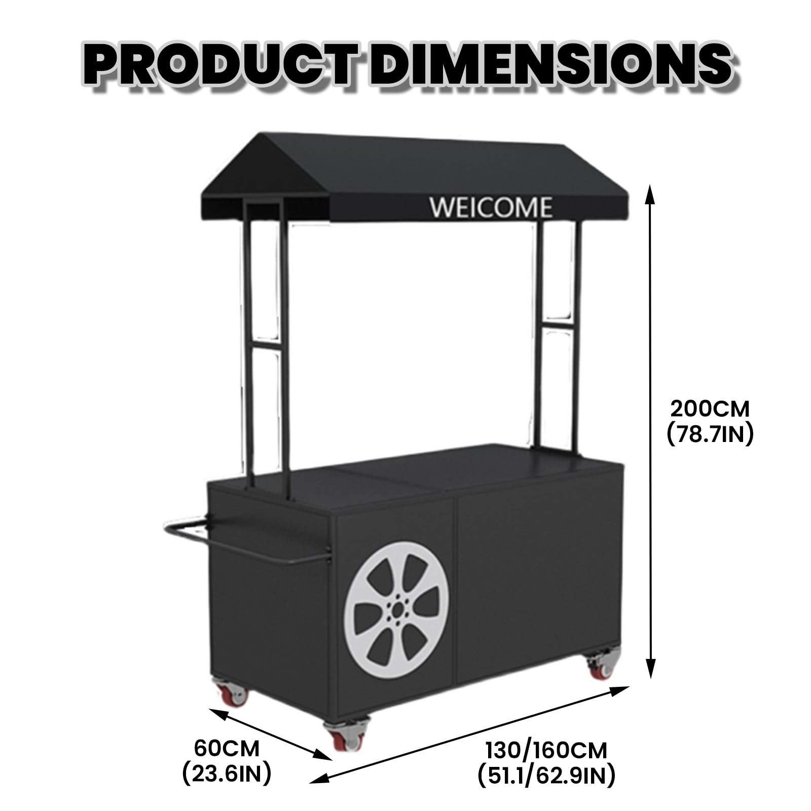 Carrello pieghevole con tettoia e ruote per mercati e festival all'aperto