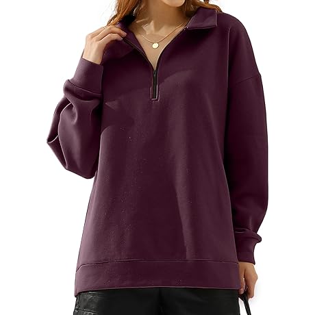 [doublju] DOUBLJU Hoodie Women Basic Casual Loose Pullover Long Sleeve Half Zip...