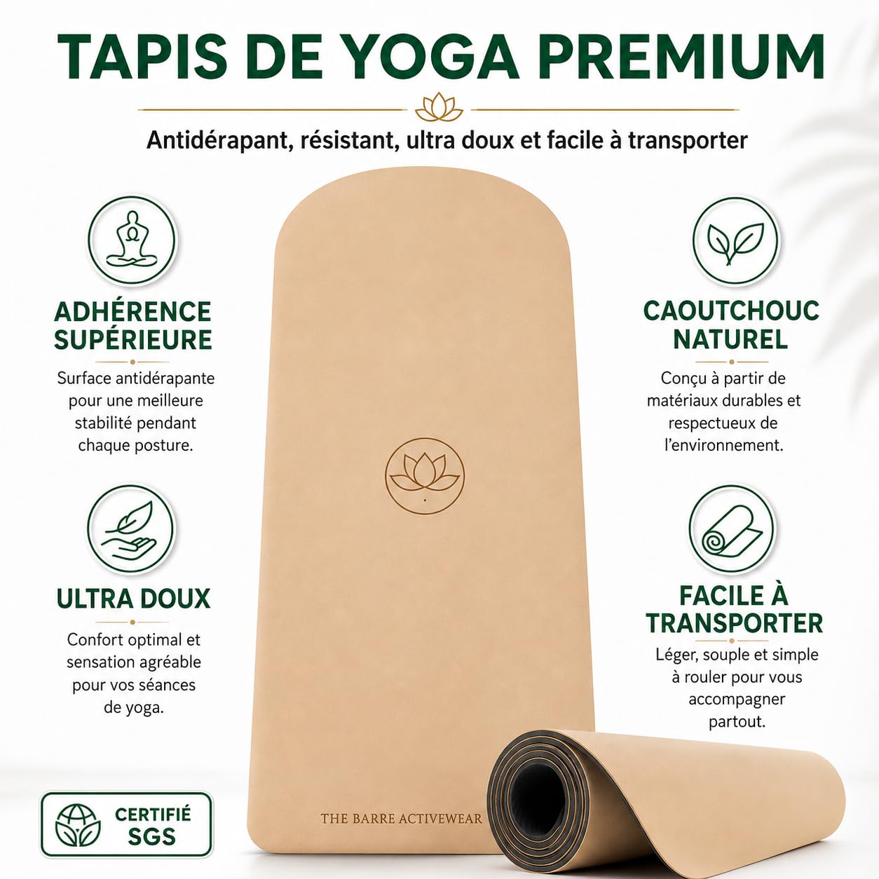 Tapis de Yoga Antidérapant en Caoutchouc Naturel – Surface PU Premium, Épais et Écologique Sans PVC, Tapis Yoga & Pilates Confortable pour Fitness, Studio et Maison