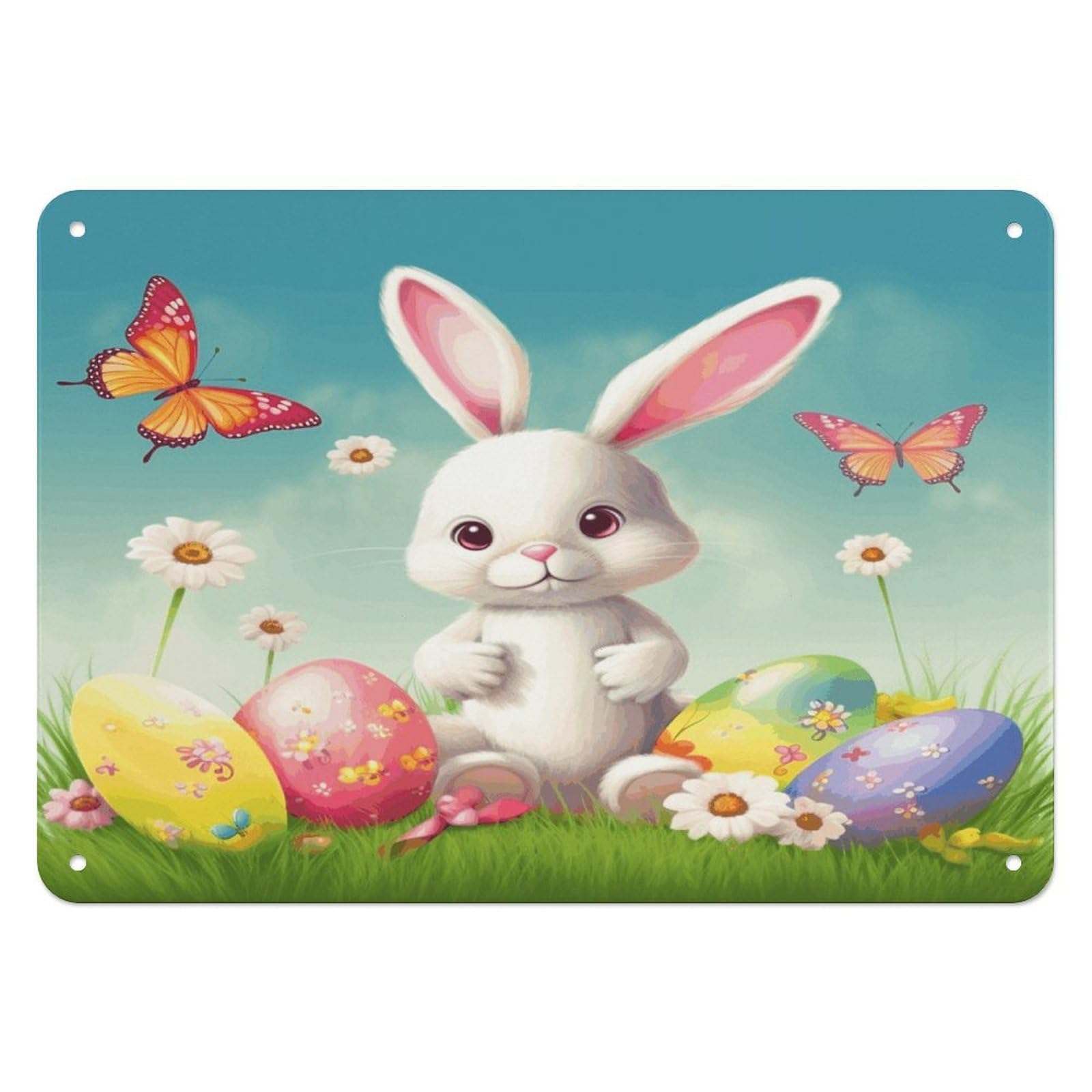 Fodpand Style Easter Bunny With Eggs And Spring Butterfly Retro Vintage Metal Tin Sign,Wall Art Decor Garden Plaque Poster For Bedrooms Yard Bars Pubs Patios Porches 7.9X5.5 Inch