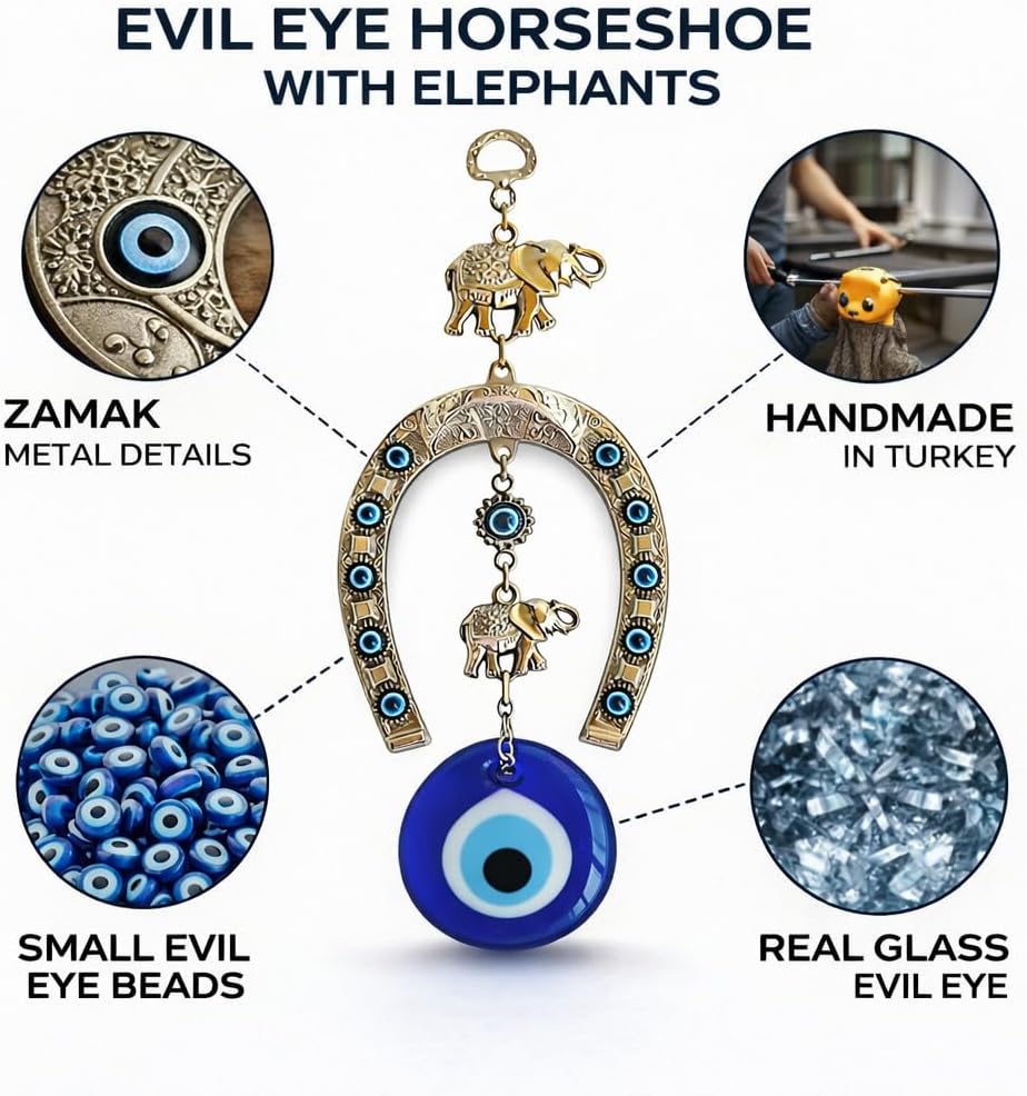 Turkish Silver Horse Shoe Blue Evil Eye Wall Hanging Ornament with Elephant - Turkish Nazar Bead Amulet – Home Protection and Good Luck Charm Gift in a Box