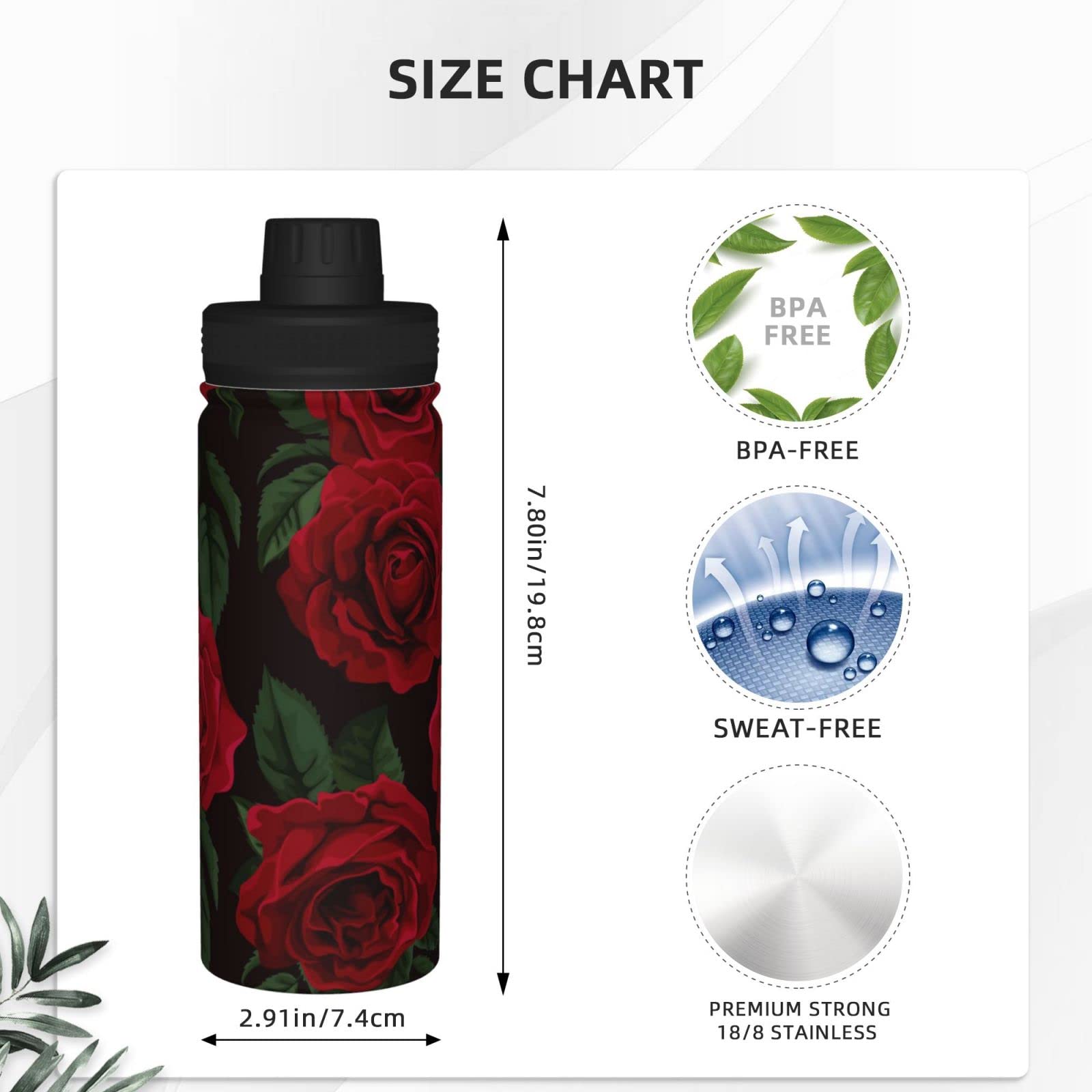 Red Rose Sport-Wasserflasche, 530 ml, isolierte Edelstahl, auslaufsichere Wasserflasche für Reisen, Fitnessstudio, Büro