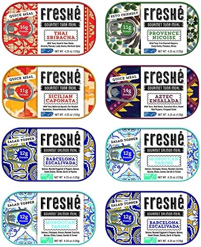Freshé Wild Caught Tuna & Salmon Canned Fish - Ready to Eat On The Go Tuna w/Olive Oil, Vegetables - Pack of 8