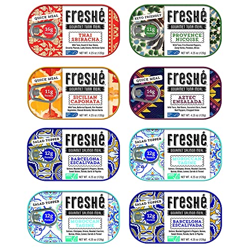 Freshé Wild Caught Tuna & Salmon Canned Fish - Ready To Eat On The Go Tuna W/Olive Oil, Vegetables - Pack Of 8 #TOP1