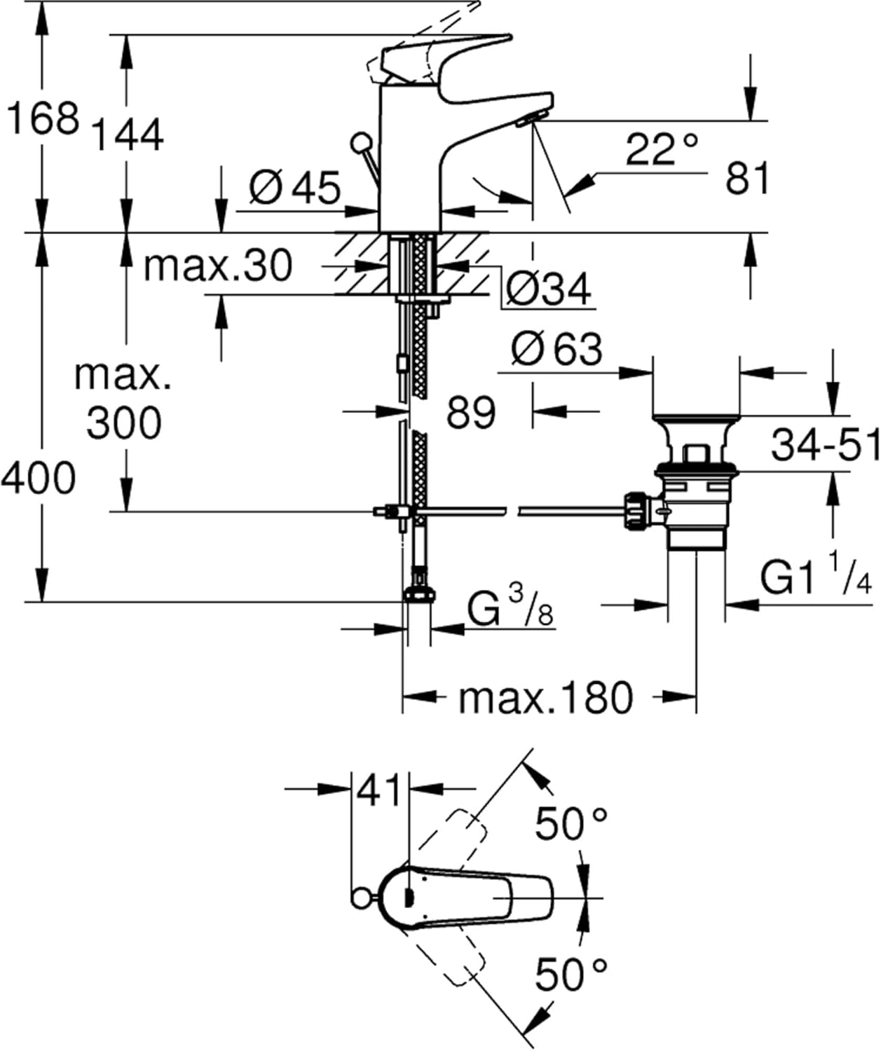 GROHE Start Flow Installation Diagram with dimensions